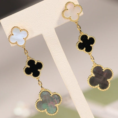 [Regalia jewelry]CLOVER EARRINGS GOLD ONYX MOP 3 MOTIF