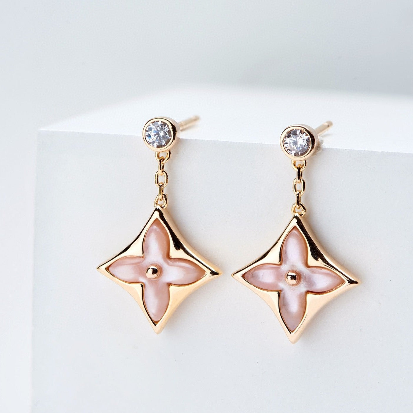[Regalia jewelry]DOUBLE STAR PINK GOLD MOP DROP EARRINGS