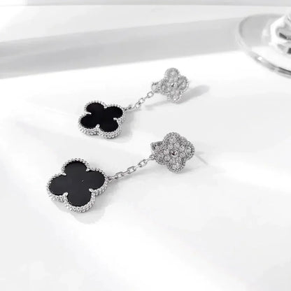 [Regalia jewelry]CLOVER 2 MOTIFS  DIAMOND ONYX EARRINGS SILVER