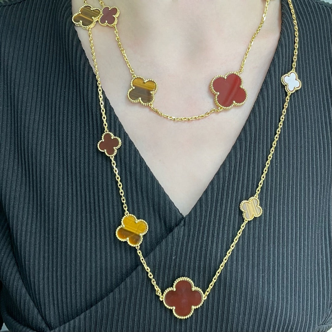 [Regalia jewelry]CLOVER 16 MOTIF CARNELIAN TIGER EYE ROSE GOLD NECKLACE