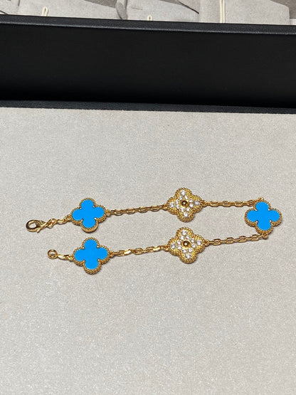 [Regalia jewelry]CLOVER 5 MOTIF BLUE CHALCEDONY DIAMOND GOLD BRACELET