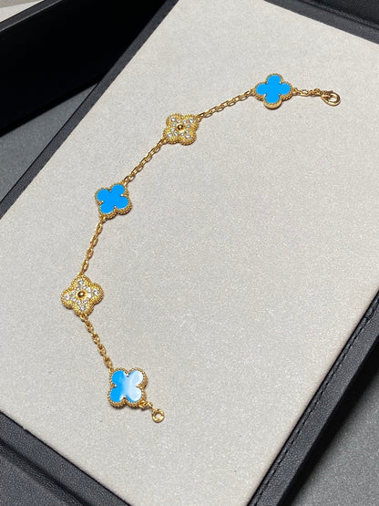 [Regalia jewelry]CLOVER 5 MOTIF BLUE CHALCEDONY DIAMOND GOLD BRACELET