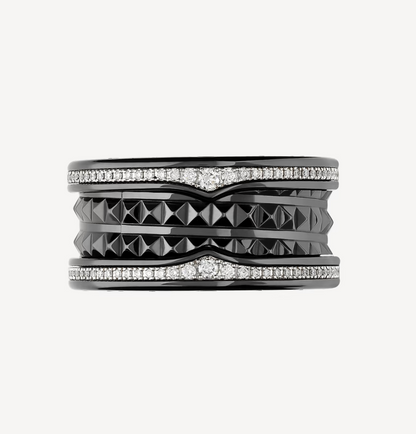 [Regalia jewelry]ZERO 1 ROCK FOUR-BAND BLACK CERAMIC WITH STUDDED SPIRAL AND PAVED DIAMONDS RING