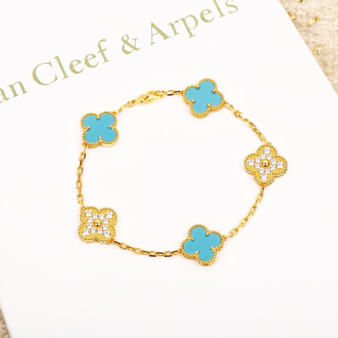 [Regalia jewelry]CLOVER 5 MOTIF TURQUOISE DIAMOND GOLD BRACELET