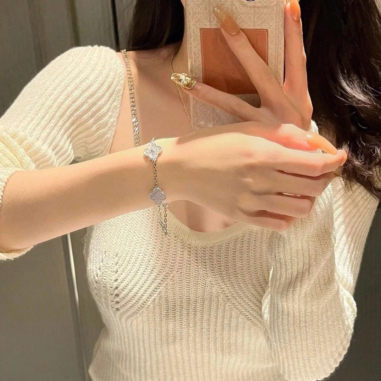 [Regalia jewelry]CLOVER  5 MOTIF DIAMOND PURPLE CHALCEDONY BRACELET SILVER