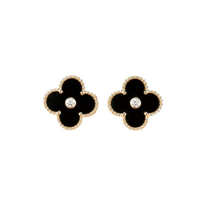 [Regalia jewelry]CLOVER MEDIUM 1 MOTIFS ONYX DIAMOND EARRINGS