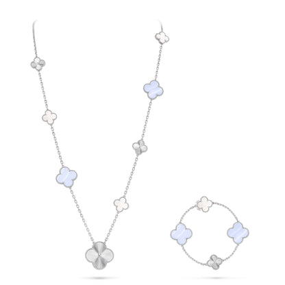 [Regalia jewelry]DETACHABLE CLOVER 15(11+4) FLOWER SILVER NECKLACE SET